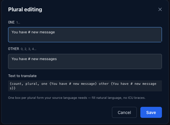 Loxily's structured plural editor: an English source ("You have {count} new messages") is recognised as a plural and split into its two CLDR forms — ONE and OTHER — each a labelled box with example numbers, with the full ICU MessageFormat assembled live below, so authors fill natural language and never hand-type braces