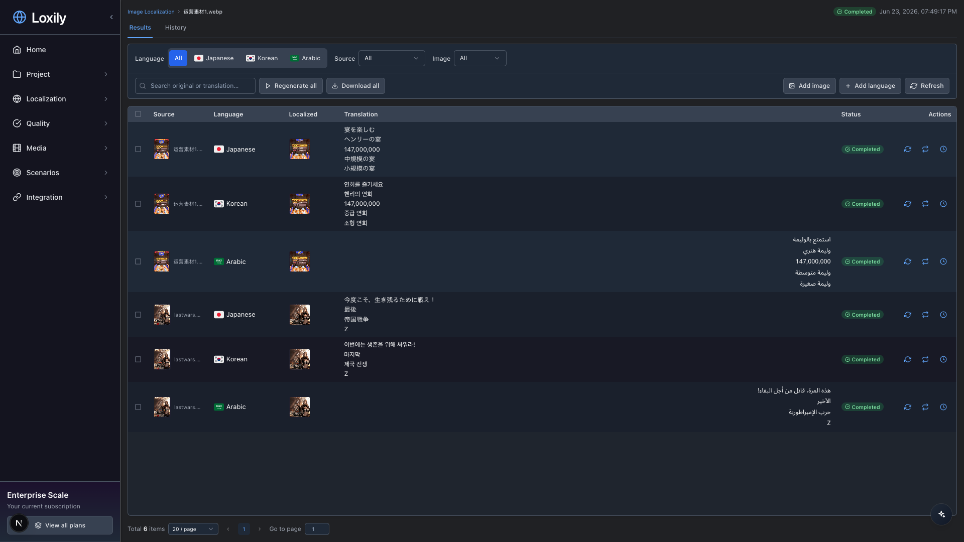 Image localization results view: one marketing creative produces Japanese, Korean, and Arabic localized images in a single pass, with the source on the left and source text matched against translations row by row, all marked done