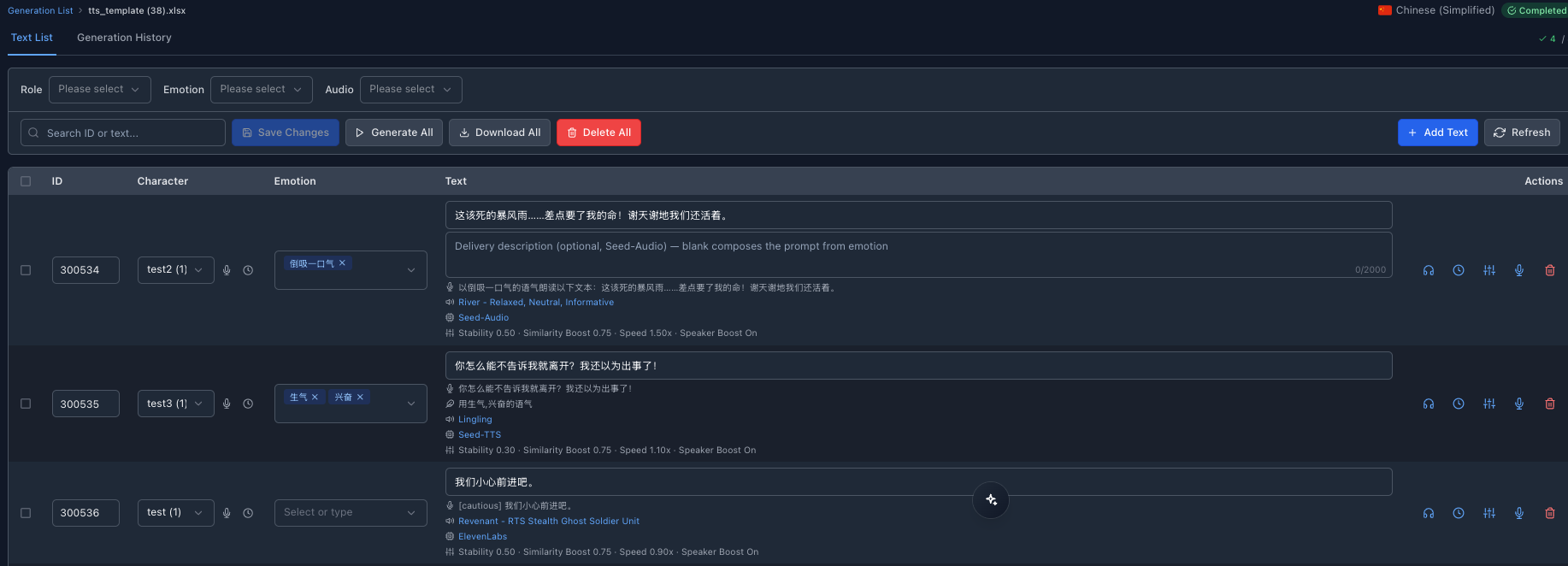 The TTS job detail page text list: an ID / character / emotion / text table where the emotion column holds multi-select tags; under each row, the chosen engine (Seed-Audio / Seed-TTS / ElevenLabs) and the actual instruction it resolves to