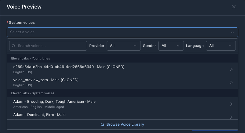 The voice dropdown in the voice preview: grouped by provider (ElevenLabs / Volcengine / BytePlus), with provider / gender / language filters on top and cloned voices in their own group